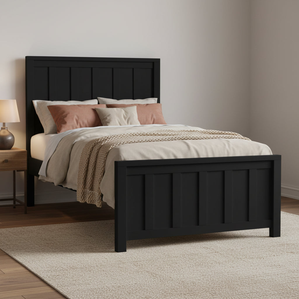 Black wooden bed with bedding on a white background