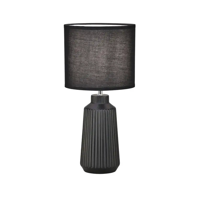 Black table lamp with a textured shade on a white background