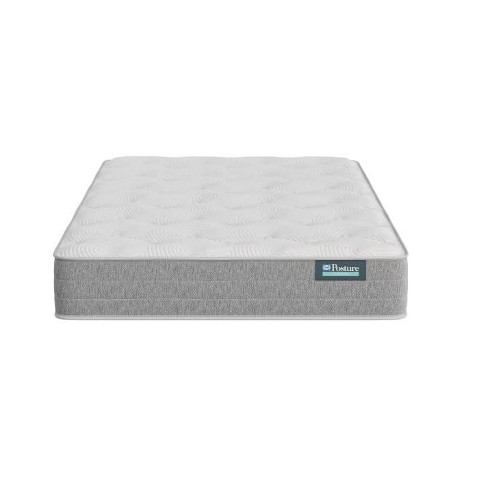 Gray mattress with a brand label on a white background