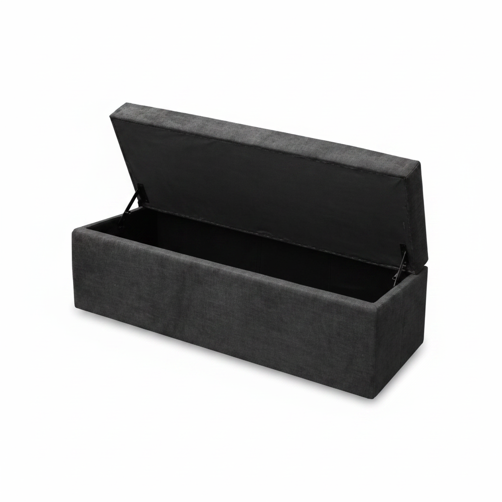 Black storage bench with open lid on a white background