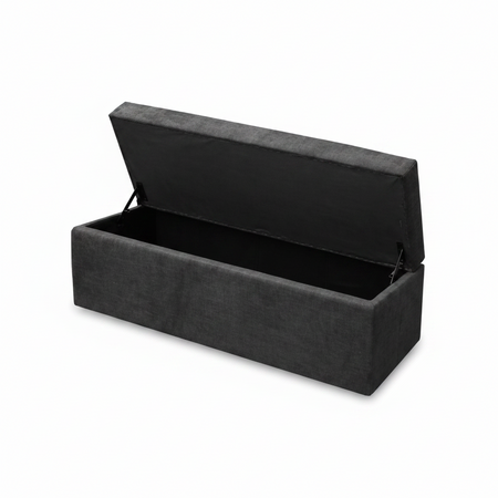 Black storage bench with open lid on a white background