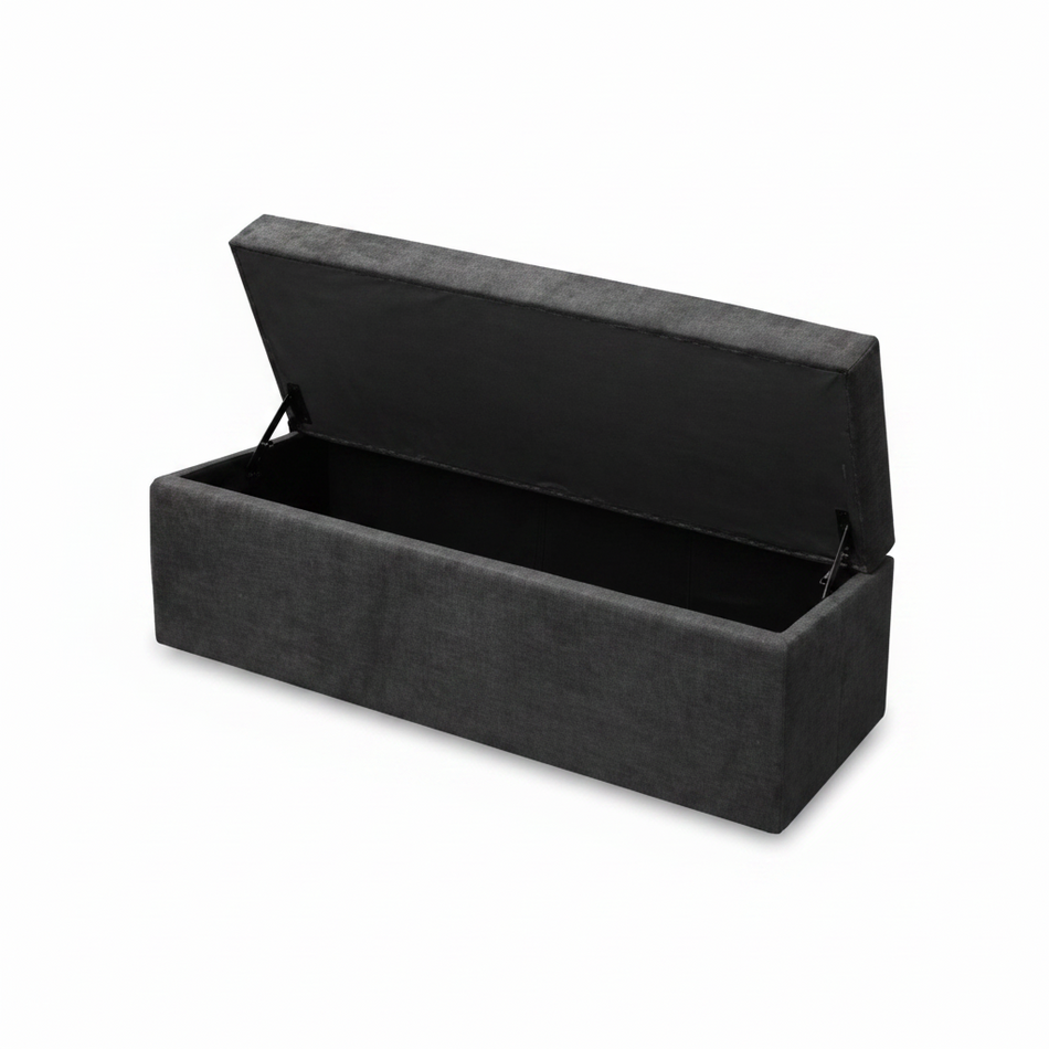 Black storage bench with open lid on a white background