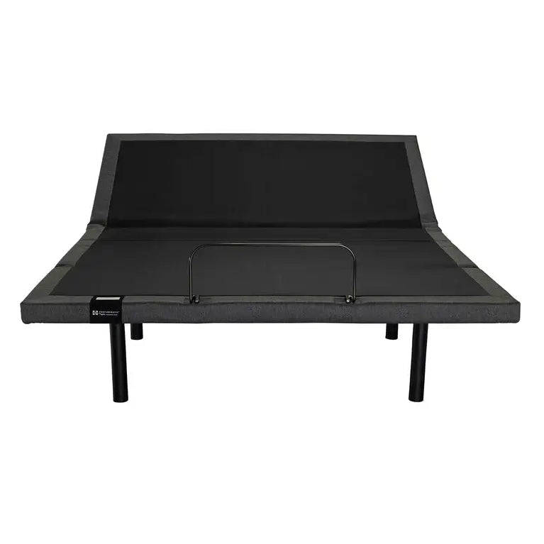 Black platform bed on a white background