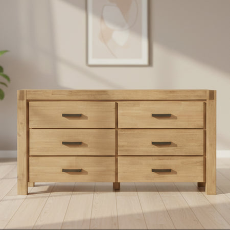 Wooden dresser with six drawers and a mirror on a white background