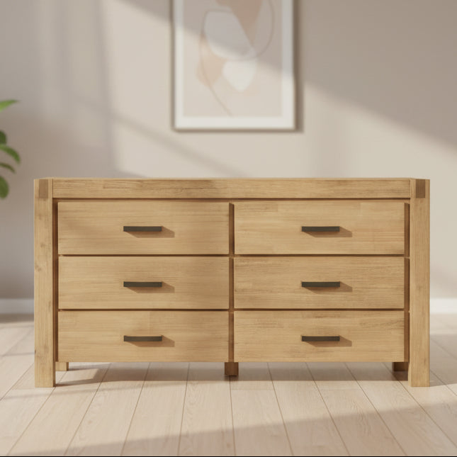 Wooden dresser with six drawers and a mirror on a white background