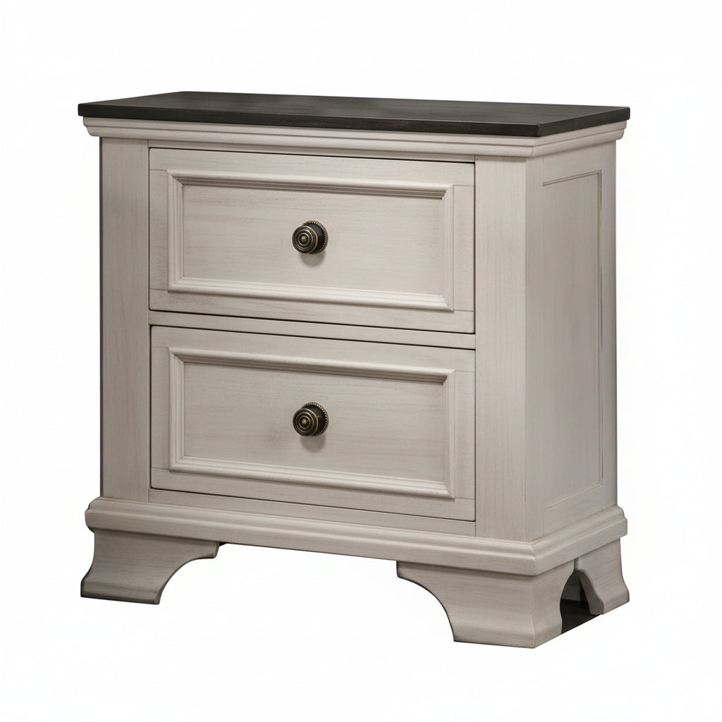 Two-drawer nightstand with a dark brown top and base, light gray body on a white background