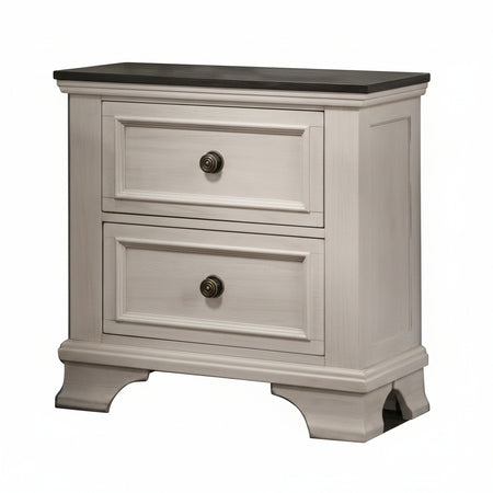 Two-drawer nightstand with a dark brown top and base, light gray body on a white background