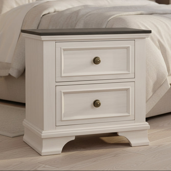 Two-drawer nightstand with a dark top and light gray base on a white background