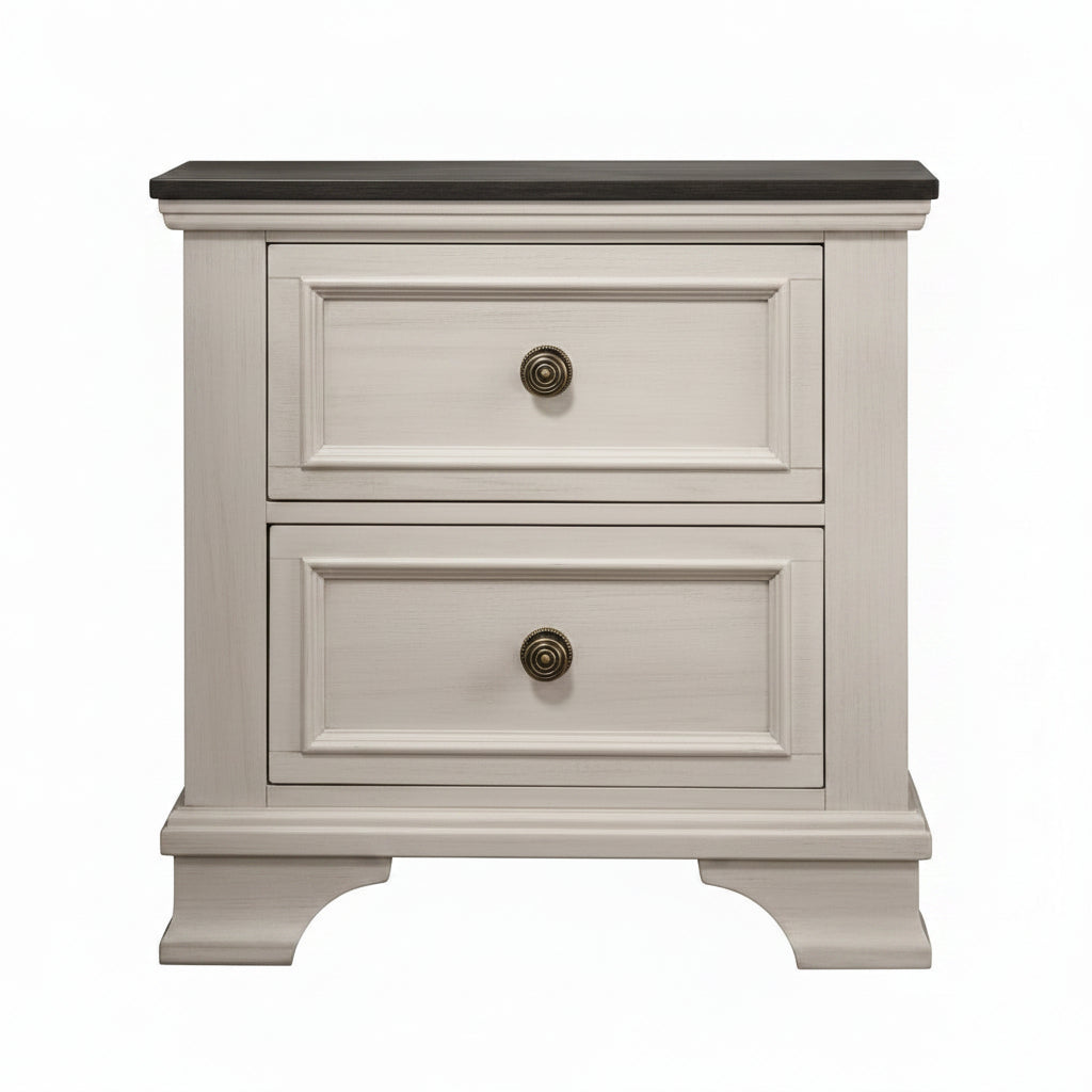 Two-drawer nightstand with a dark top and light gray base on a white background