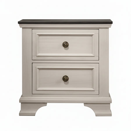 Two-drawer nightstand with a dark top and light gray base on a white background