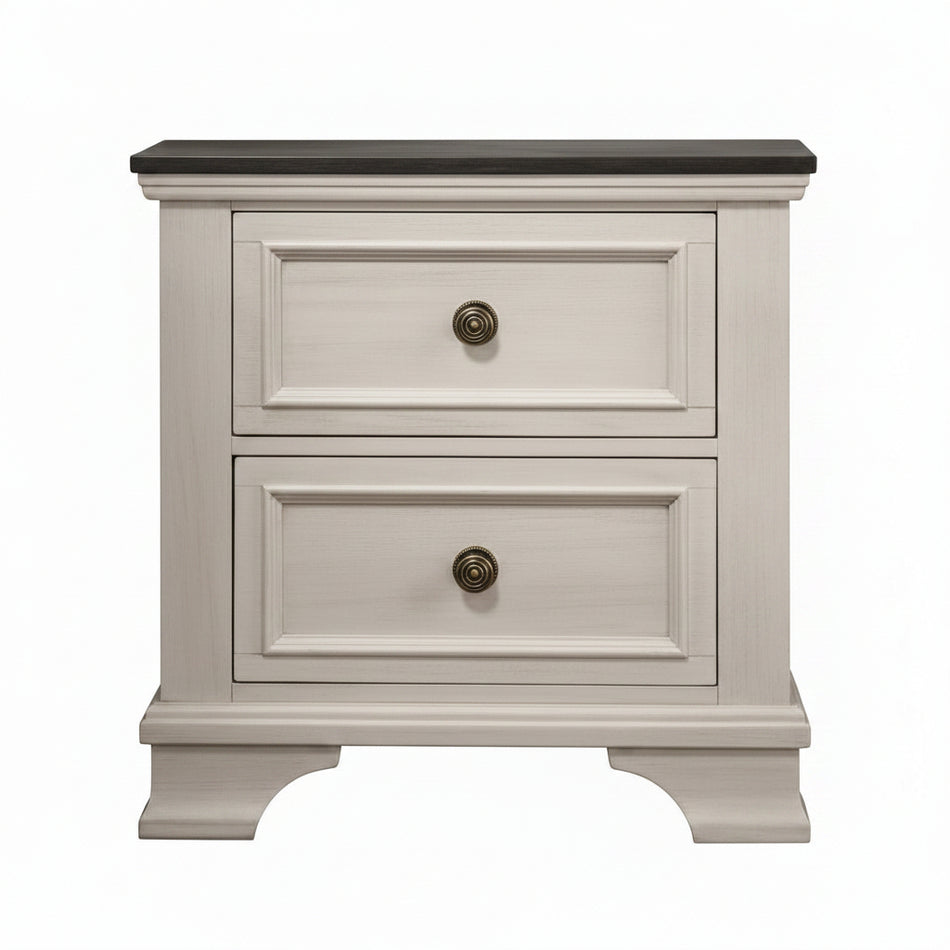Two-drawer nightstand with a dark top and light gray base on a white background