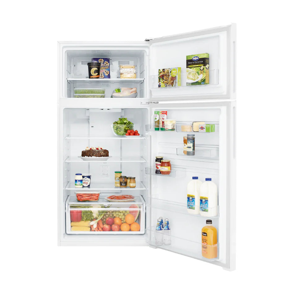 Open refrigerator with various food items inside on a white background