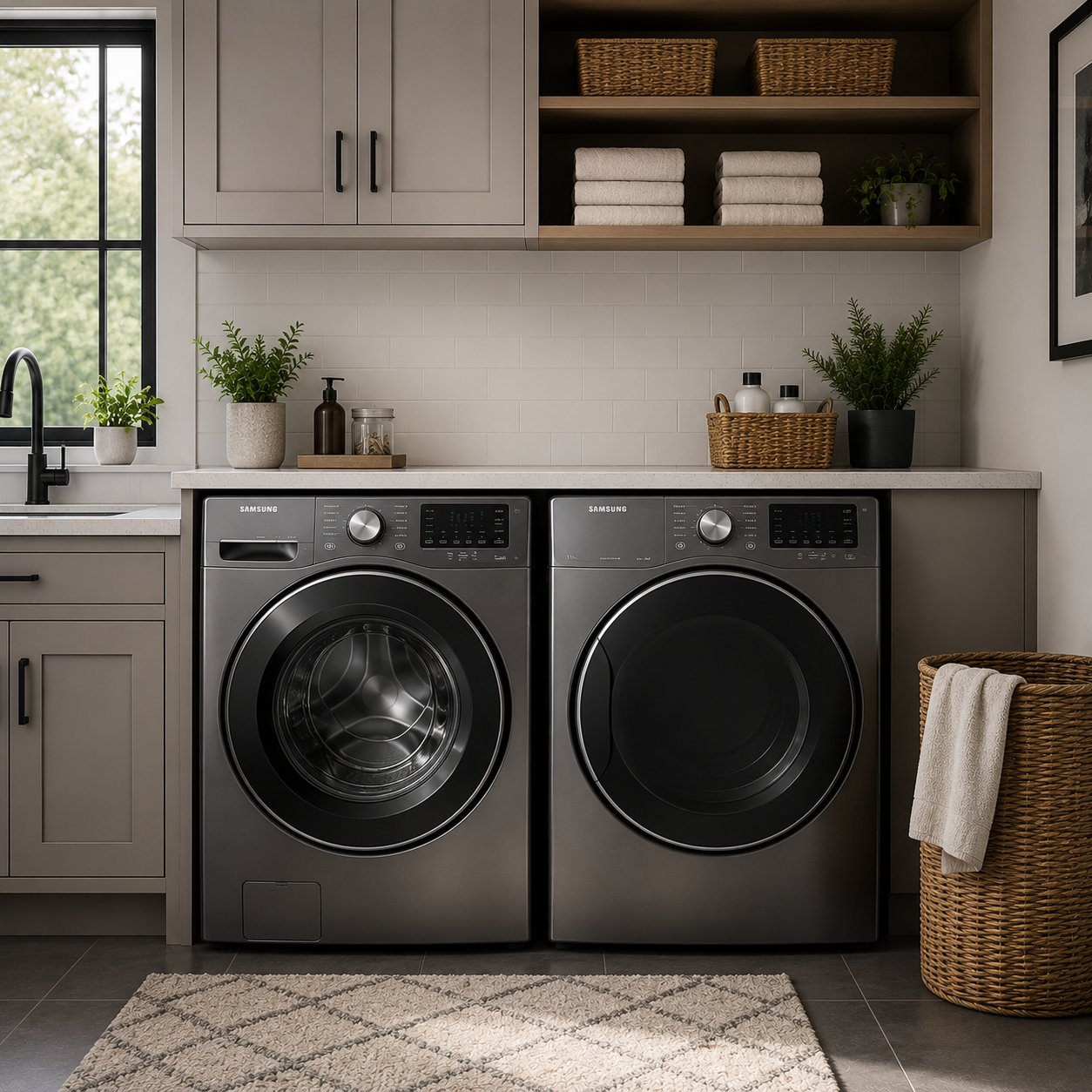 Modern laundry room with Samsung washer and dryer, shelves with towels and baskets, and decorative plants.