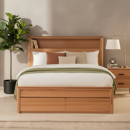 Wooden bed with drawers in a bedroom setting