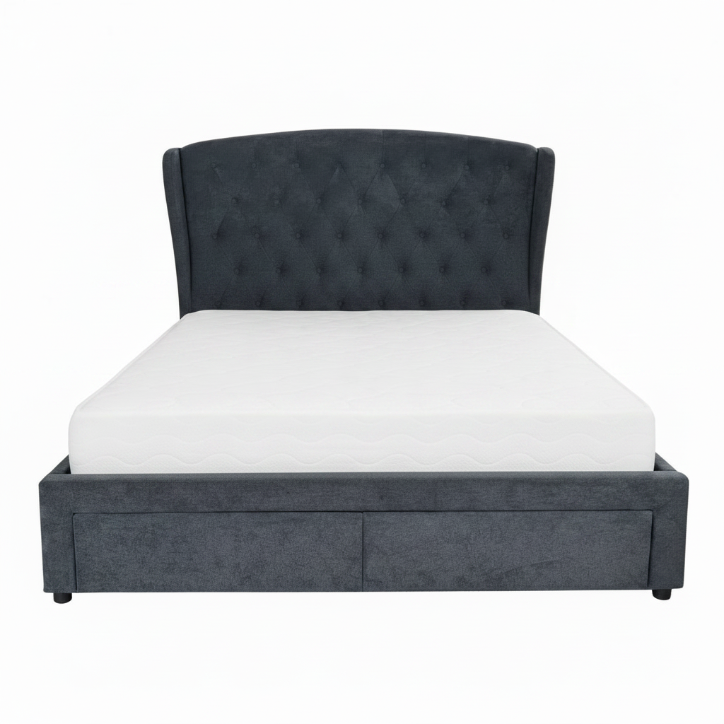 Gray upholstered bed with light blue diamond patterned comforter and pillows on a white background