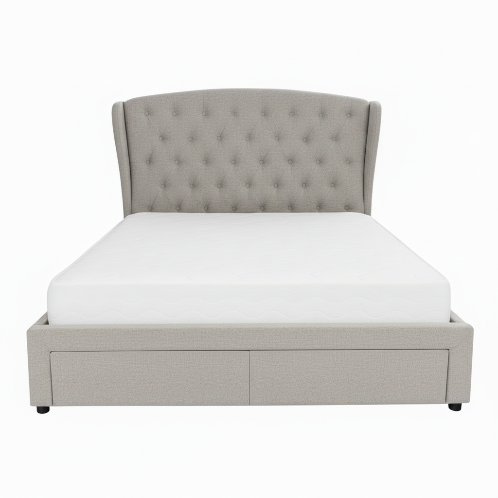 Gray upholstered bed with white mattress on a white background