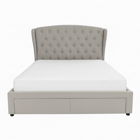 Gray upholstered bed with white mattress on a white background