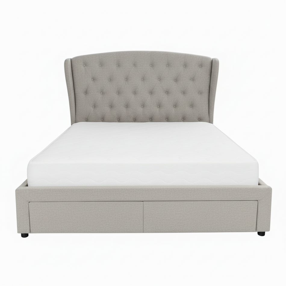 Gray upholstered bed with white mattress on a white background