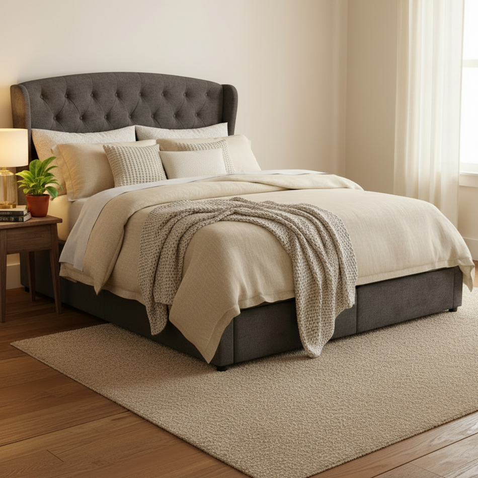 Gray upholstered bed with light blue diamond patterned comforter and pillows on a white background