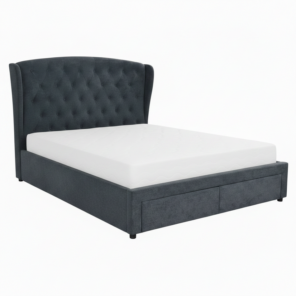Gray upholstered bed with white mattress on a white background