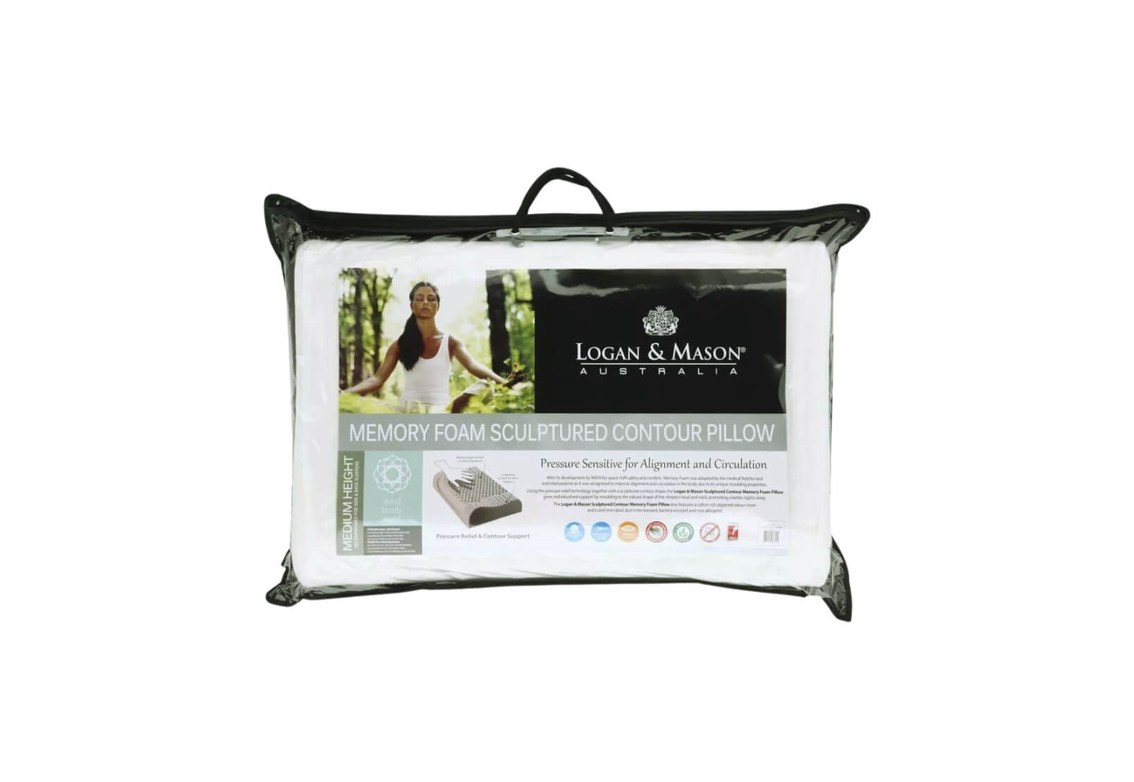 A memory foam contour pillow with a black velour cover, featuring the Logan & Mason brand logo and product information.