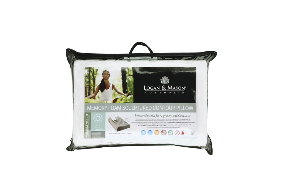 A memory foam contour pillow with a black velour cover, featuring the Logan & Mason brand logo and product information.