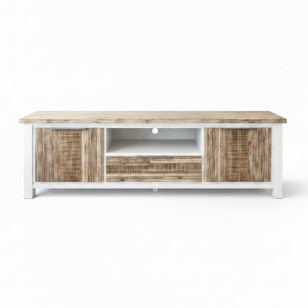 Wooden TV stand with a television in a living room setting