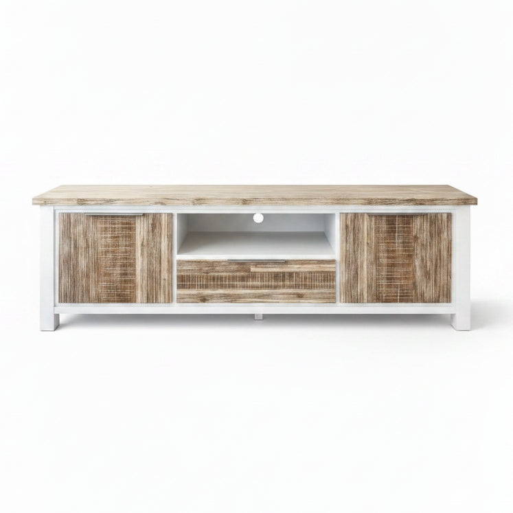 Wooden TV stand with a television in a living room setting