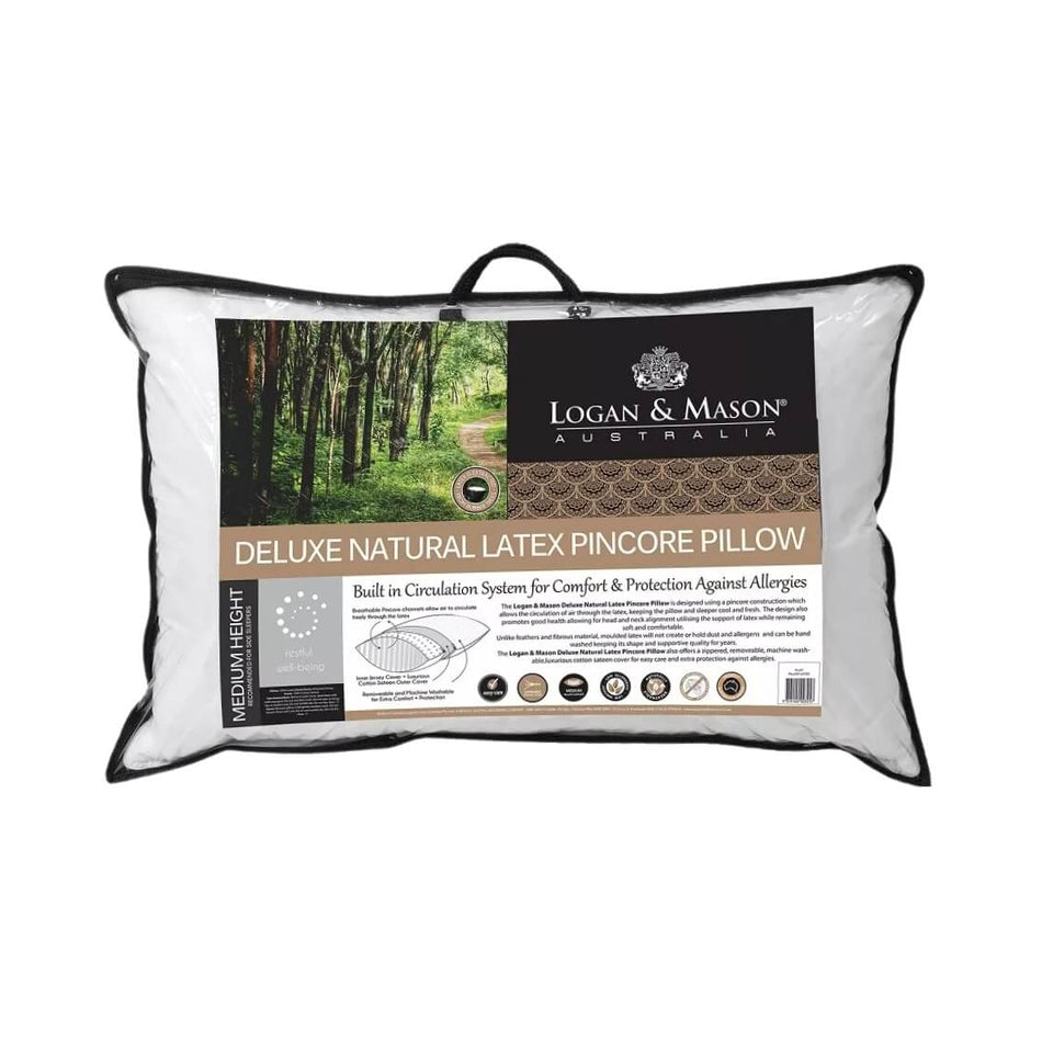 A white deluxe natural latex pincore pillow with a label showing the brand name 'Logan & Mason' and product details.