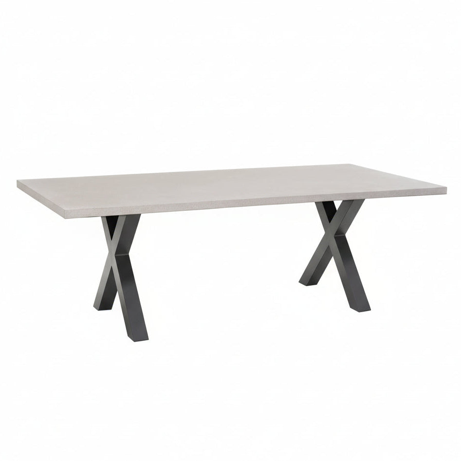 White dining table with X-shaped legs on a white background
