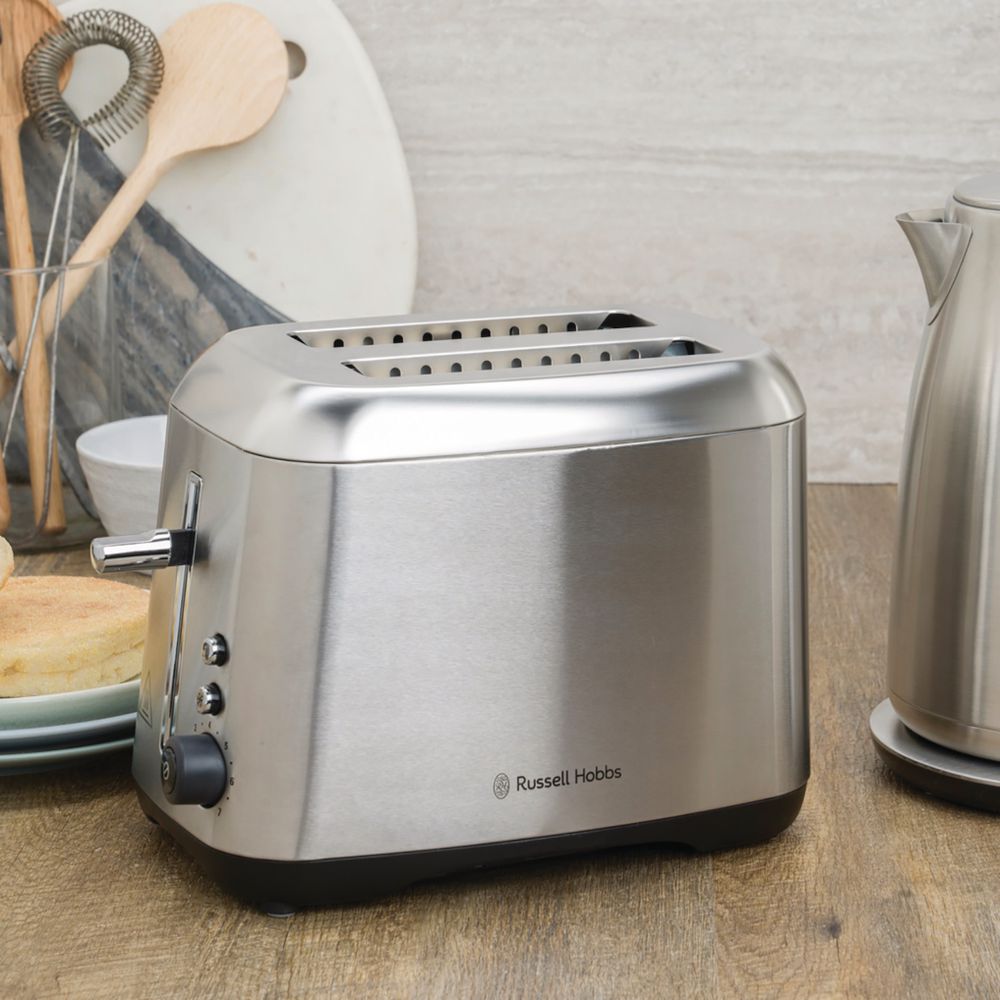 Russell Hobbs Carlton brushed steel two slice toaster in lifestyle setting