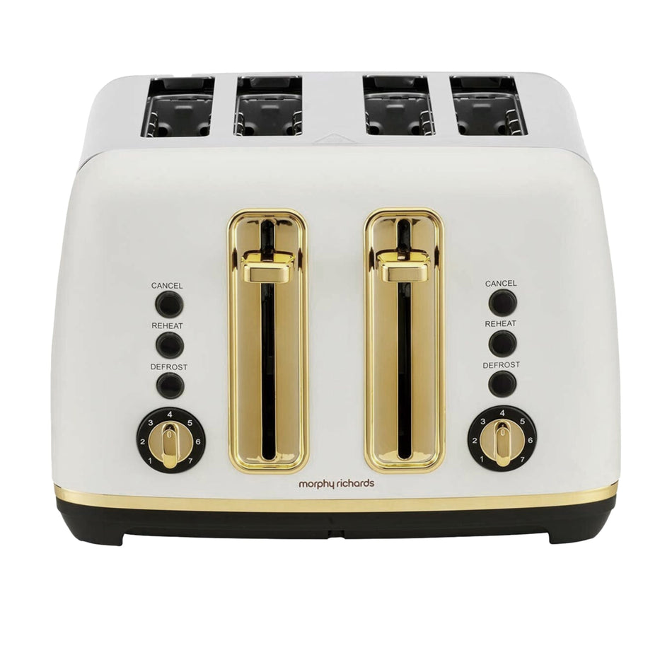 Morphy Richards white and soft gold 4 slice toaster front view