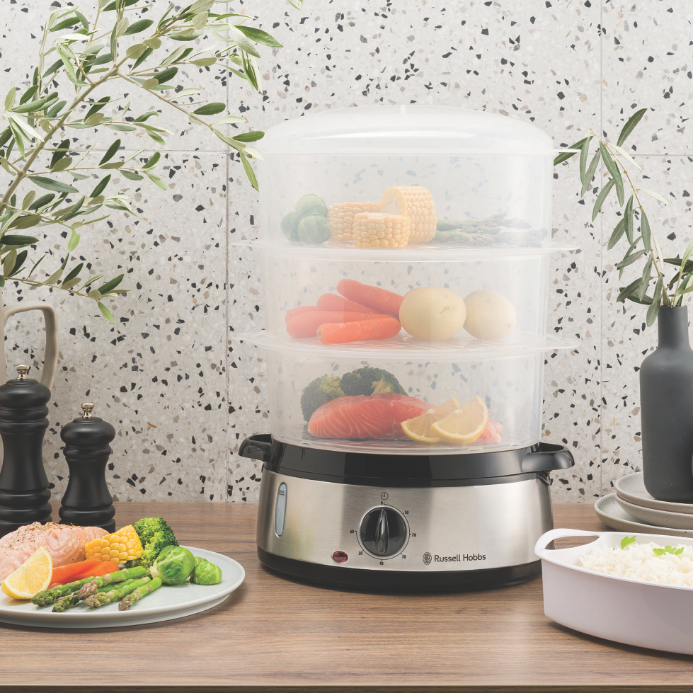 Russell Hobbs food steamer preparing vegetables and fish — square lifestyle photo
