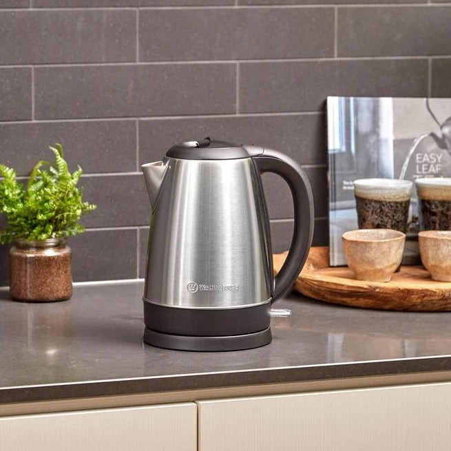 Westinghouse WHKE06SS stainless steel kettle styled on a benchtop