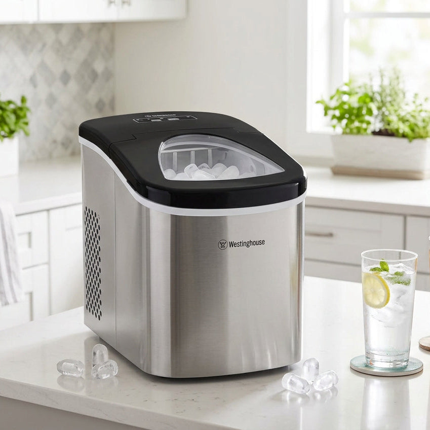 Westinghouse 12kg stainless steel portable ice maker WHIM01SS front product view