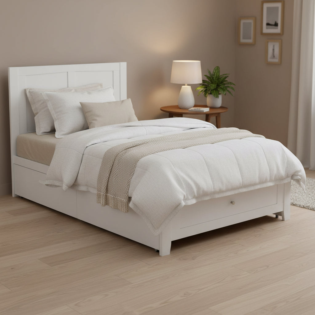 White bed frame with beige mattress and pillow on a white background