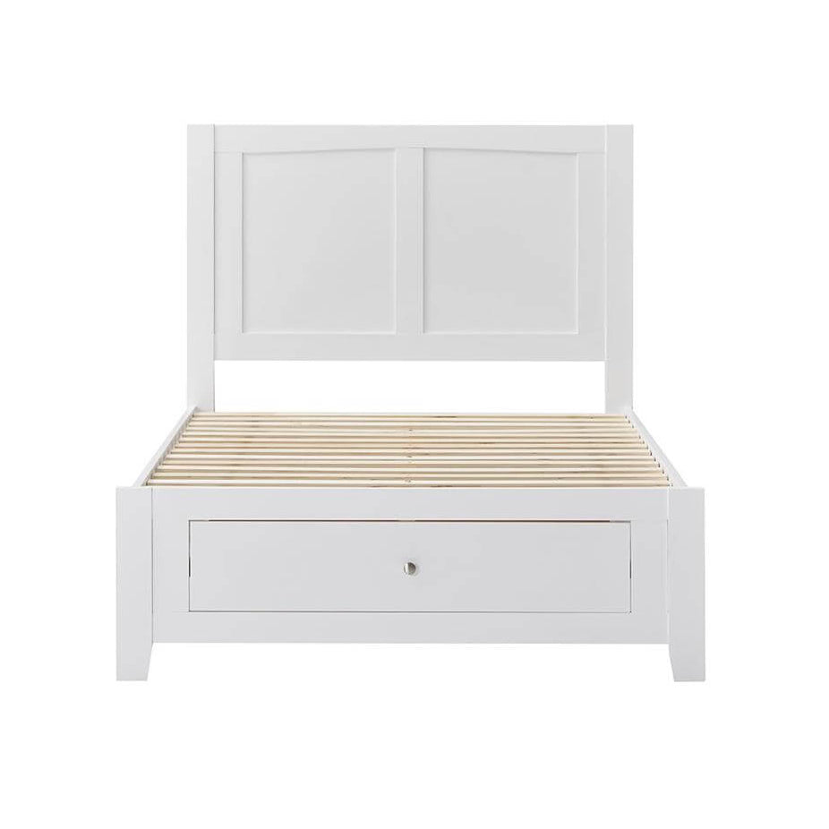 White wooden bed with a drawer on a white background