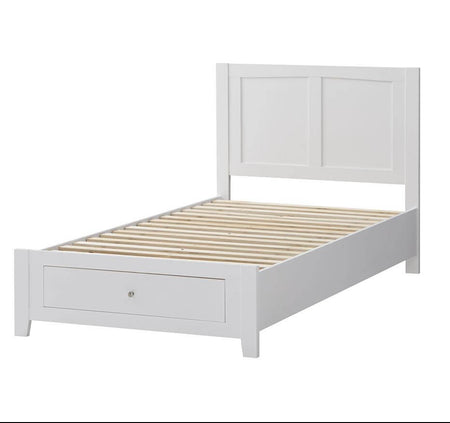 White wooden bed frame with a drawer on a white background