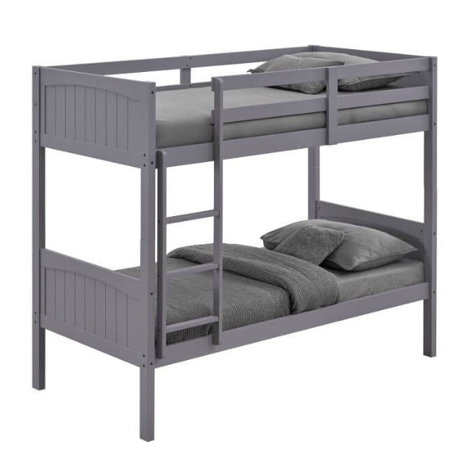 Gray bunk bed with two mattresses on a white background