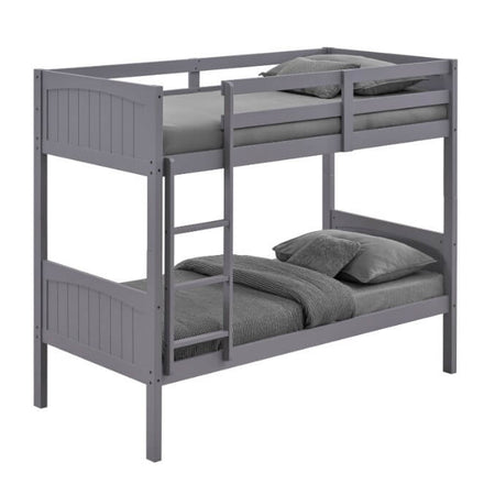 Gray bunk bed with two mattresses on a white background