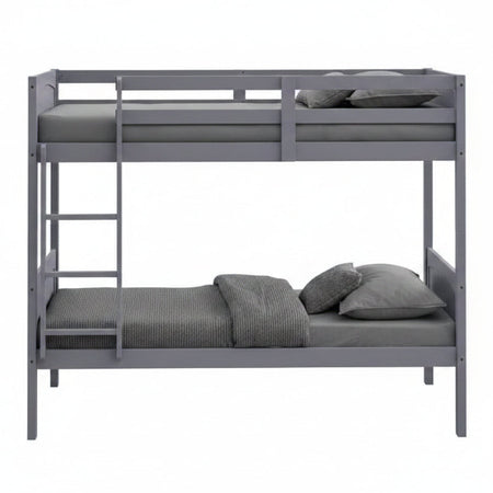 Gray bunk bed with two mattresses on a white background