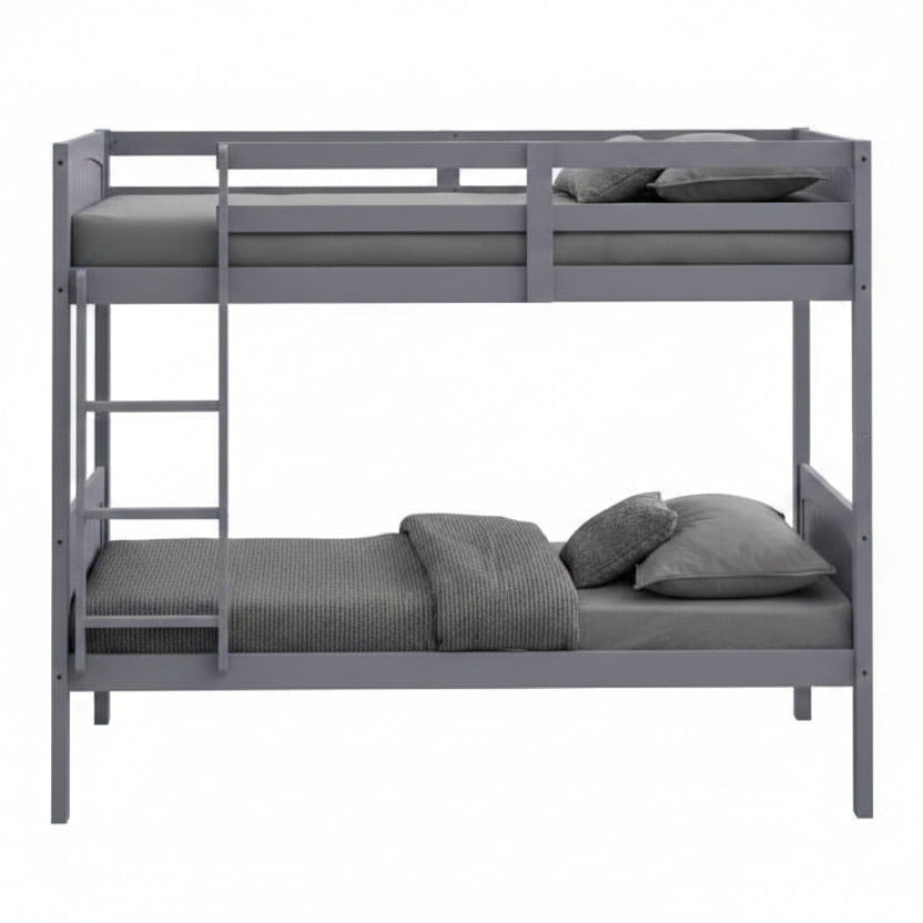 Gray bunk bed with two mattresses on a white background