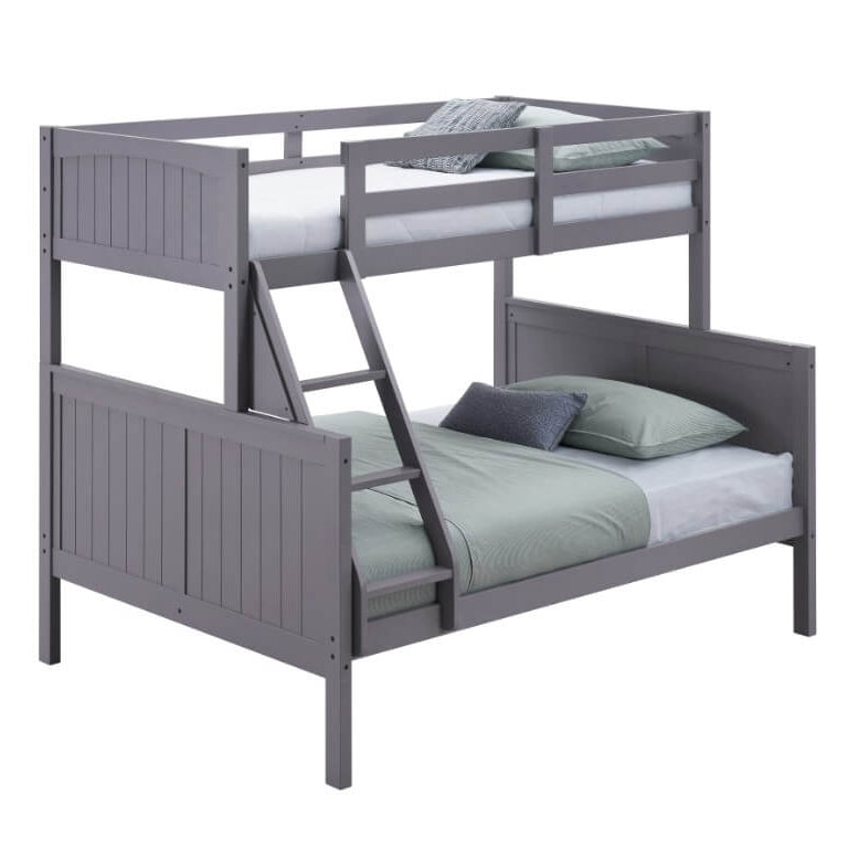 Gray bunk bed with white bedding on a white background