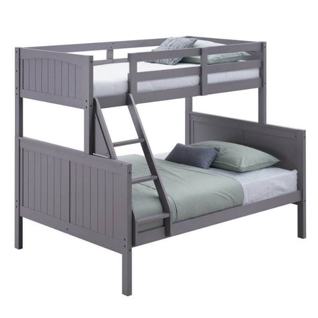 Gray bunk bed with white bedding on a white background