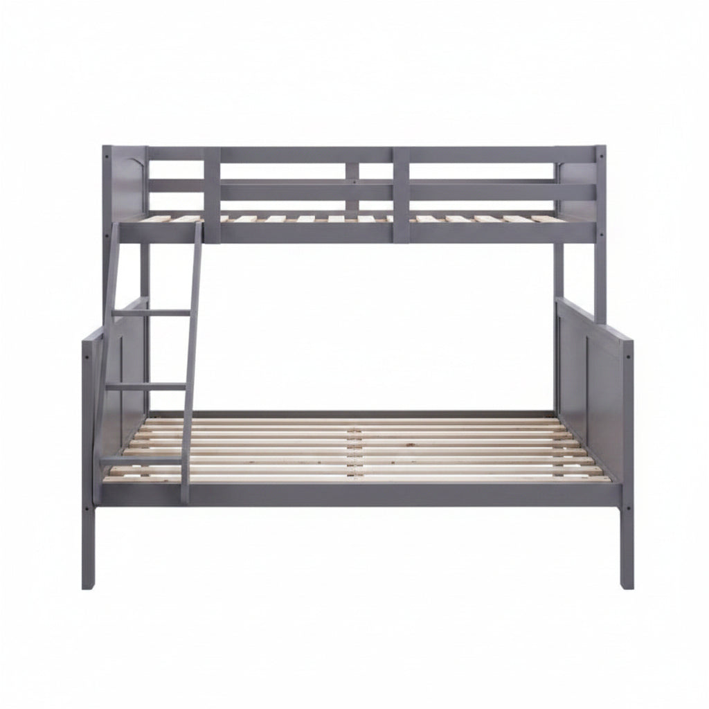 Gray wooden bunk bed with two mattresses on a white background