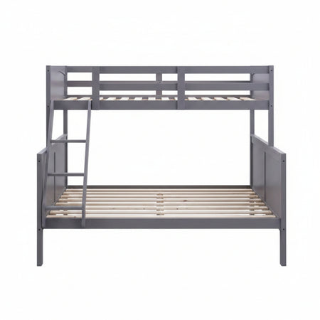 Gray wooden bunk bed with two mattresses on a white background