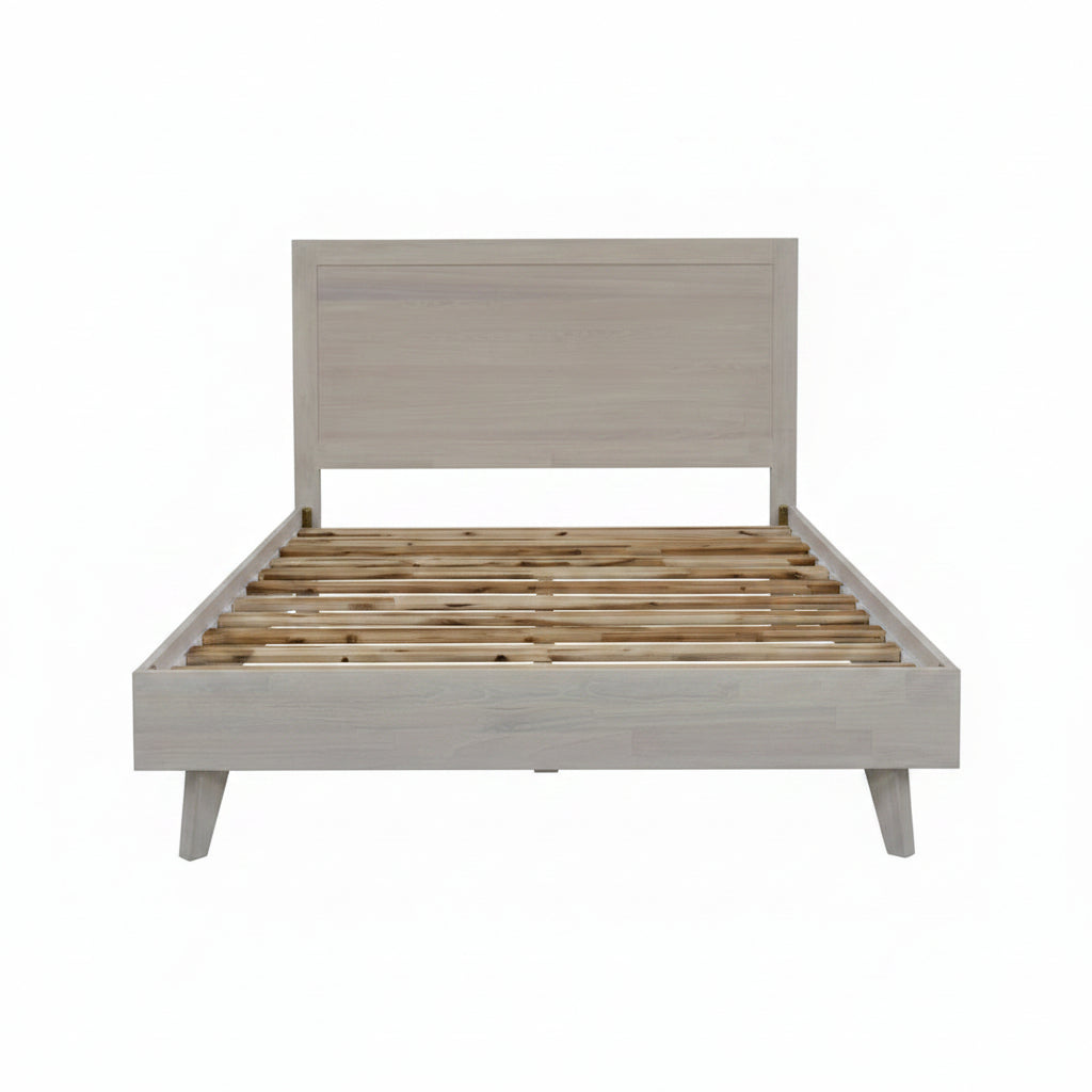 Wooden bed frame with slatted design on a white background
