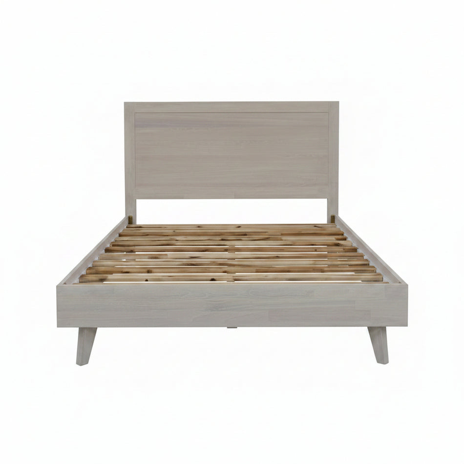Wooden bed frame with slatted design on a white background