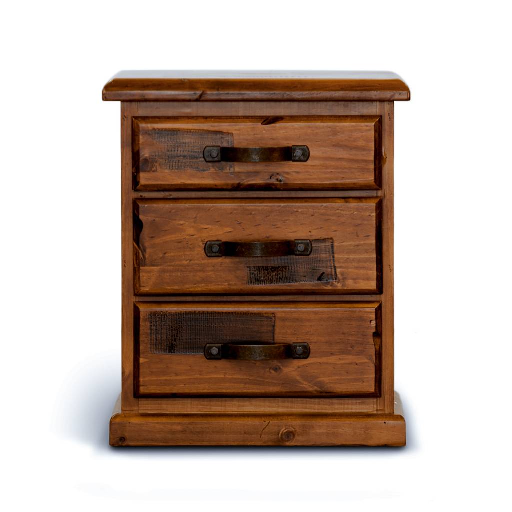 Wooden dresser with three drawers on a white background