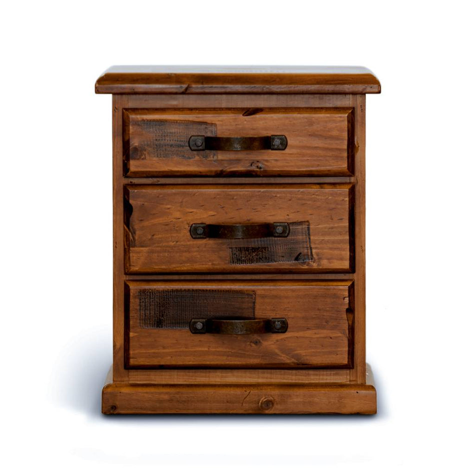 Wooden dresser with three drawers on a white background